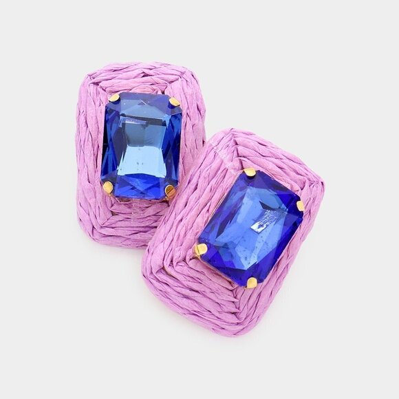 NWT Lavender Blue Raffia Emerald Cut‎ Stone Colorful Rectangle Earrings - Picture 1 of 8